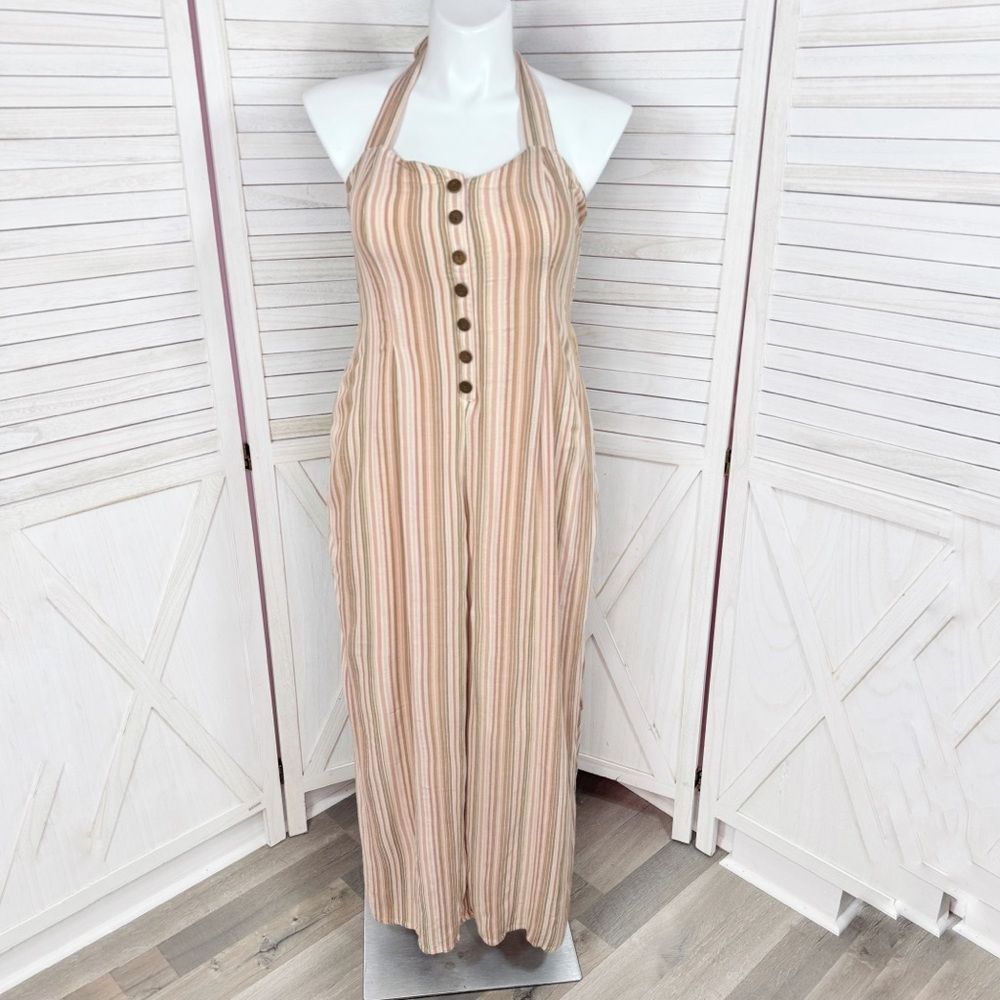 American Eagle Boho Striped Gauze Wide Leg Smocked Jumpsuit Beige Large